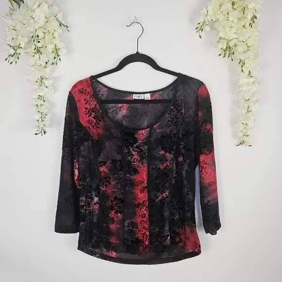 Cato Floral Red Black Burnout Top Sz Large Sheer Gothic Romantic Stretch Blouse - Picture 1 of 14